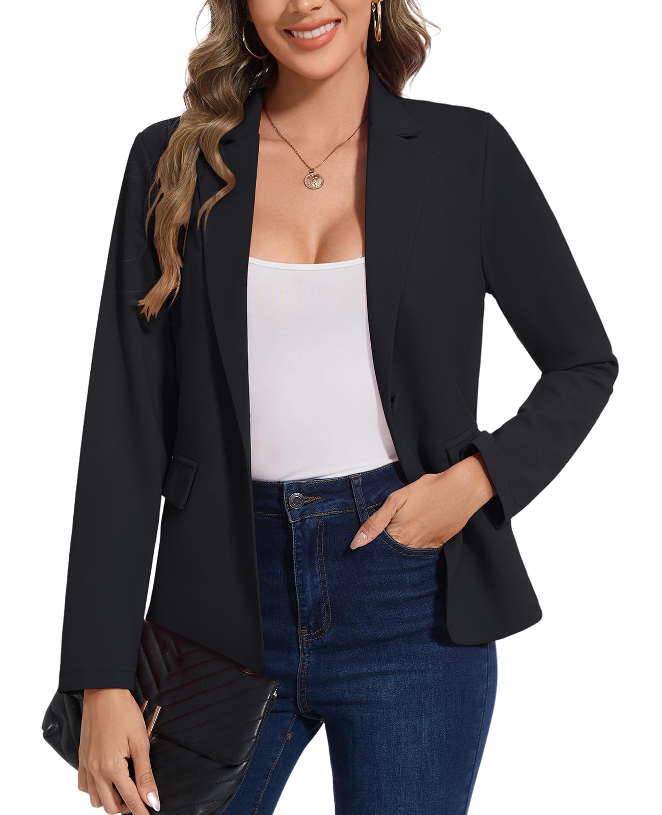 Womens Black Blazer Notched Lapel Two Button Suit Jackets Long Sleeve Lightweight Pocketed Blazers for Bussiness Casual Black