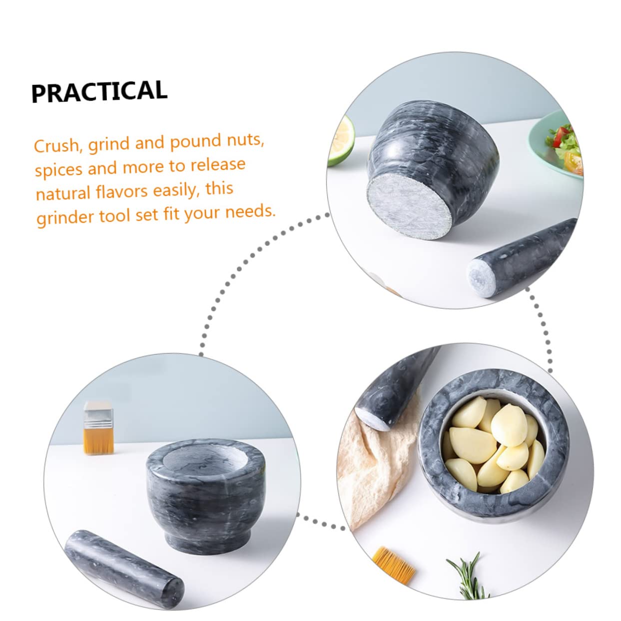 LABRIMP Set da Cucina Mortaio e Pestello in Marmo Nero, Design Ergonomico per Pestare, per Uso Domestico e Professionale, Accessori Piccoli e Funzionali