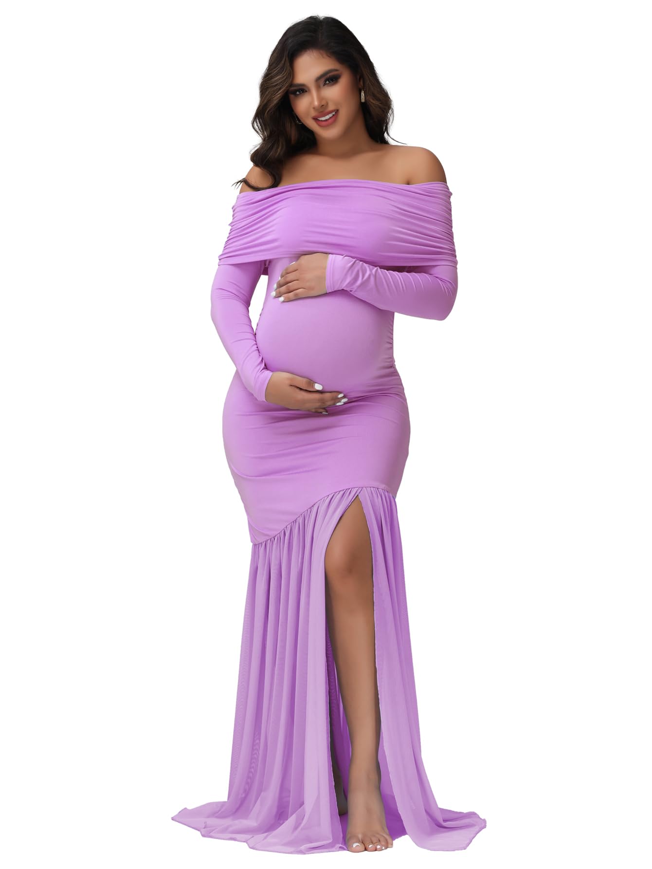 Photo 1 of JustVH Women's Maternity Off-Shoulder Long Sleeve Maxi Dress
