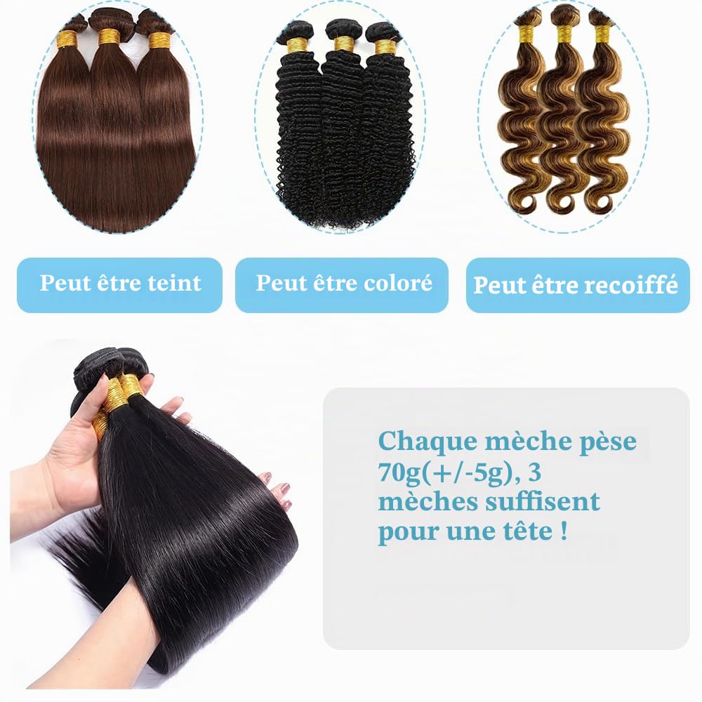 Tissage Naturel Cheveux Humain en lot 3 Bundles Human Hair Mèches Tissage Brésilien Straight Double Weft Naturelle Couleur 14 16 18 Pouces(Total 210g)