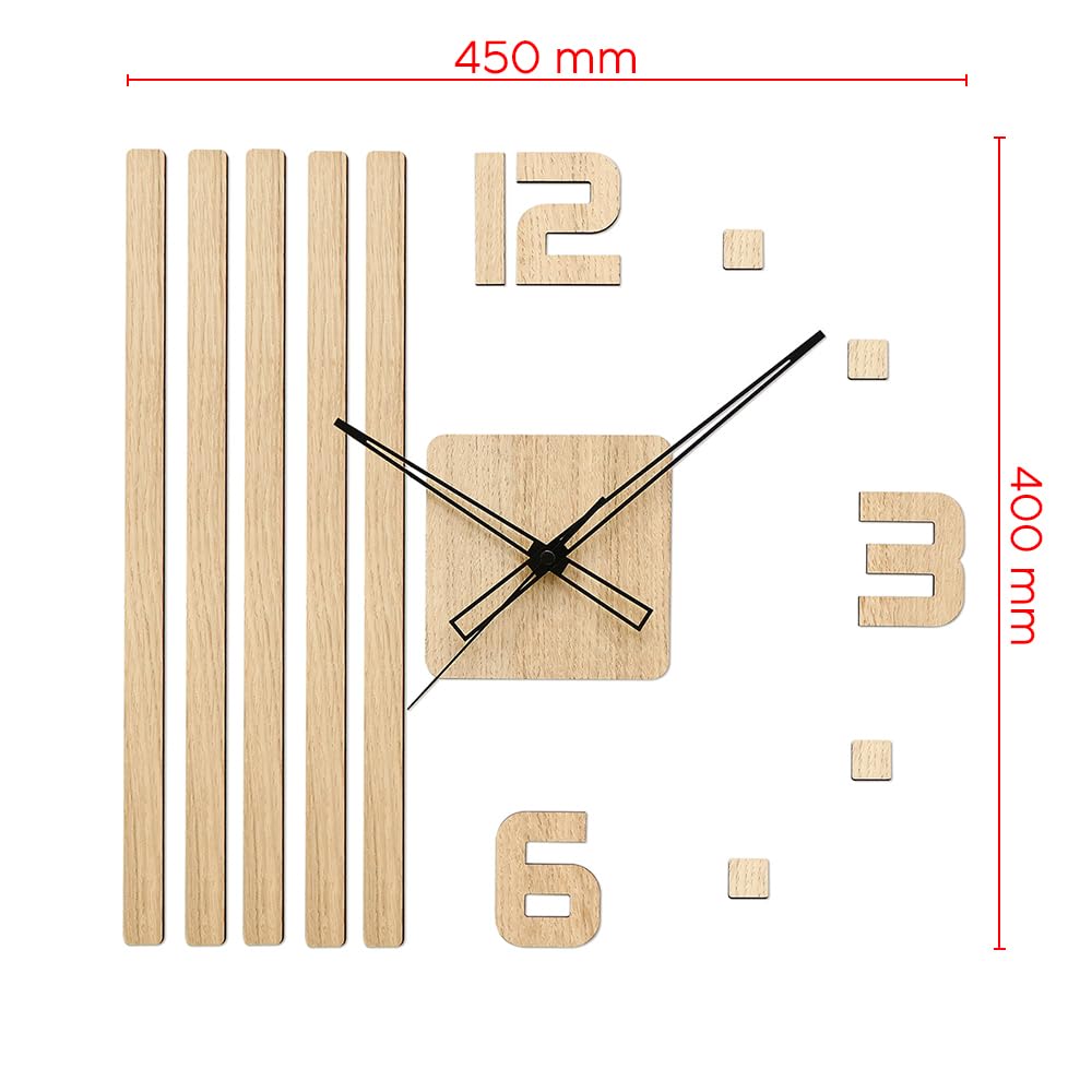 PRIM Veneer DIY Wanduhr aus Holz, hergestellt in der EU, Wanddekoration 400 x 450 mm, 3D-Zahlen, sehr leise, für Küche, Schlafzimmer