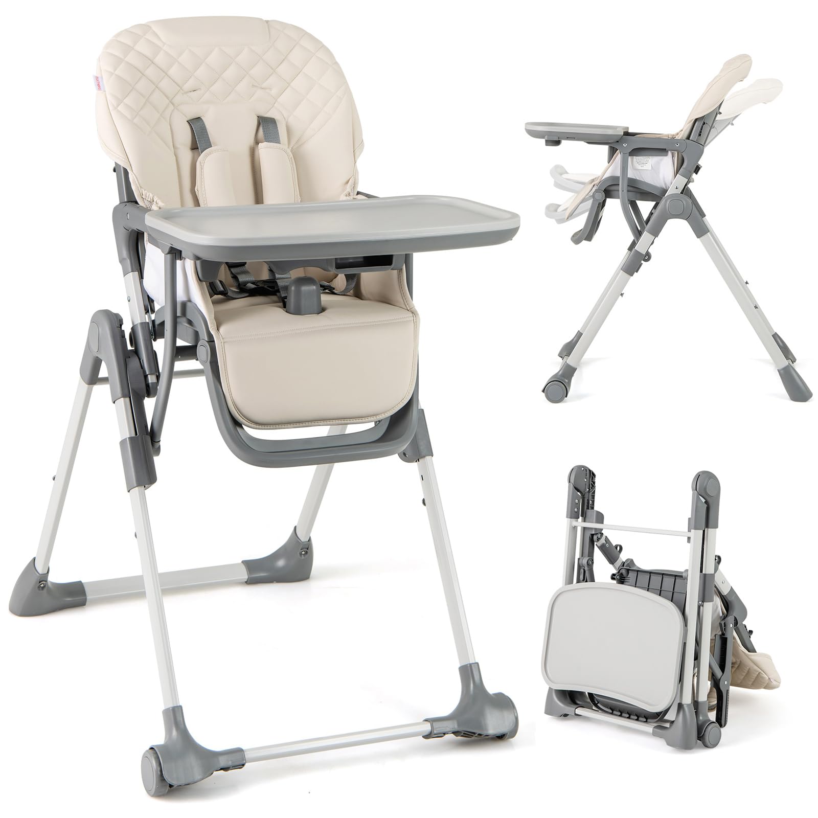 GOPLUS Trona Plegable para Bebés, Trona Infantil con Ajuste de 5 Posiciones de Altura, 2 Posiciones de Reclinado y 3 Posiciones de Bandeja, Silla Portátil con 2 Ruedas, 6-36 Meses (Beige)