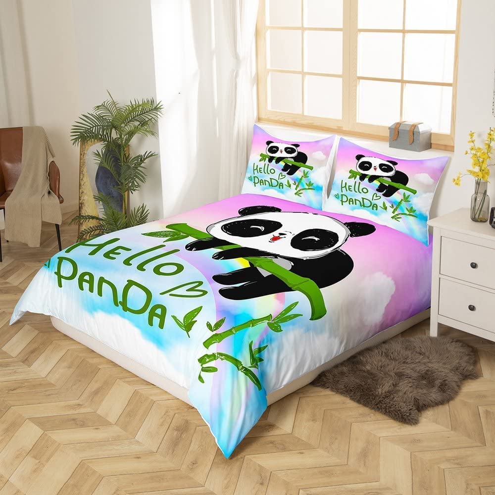 Kawaii Panda zestaw pościeli tęczowa pościel podwójna kolorowa galaktyka poszewka na kołdrę zielona bambusowa poszewka na kołdrę różowa chmura pościel urocze zwierzę poszewka na kołdrę 3 szt., 1