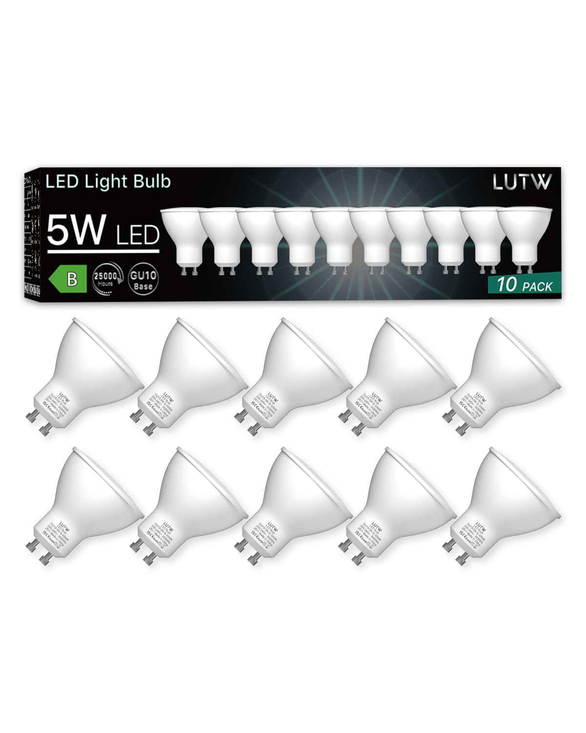 LUTW GU10 LED Bulbs, Warm White 3000K, 850LM Class B Energy Saving LED Spotlight Bulbs, 5W GU10 Bulb Equivalent to 50W Halogen Bulb, 120° Beam Angle, Non-Dimmable, No Flickering, Pack of 10