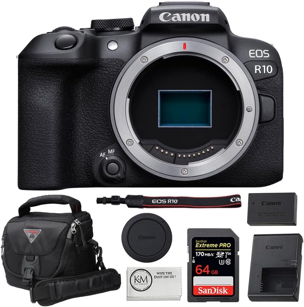 Canon EOS R10 Mirrorless Camera Bundled with 64GB Memory Card + Camera Case with Rain Cover + Microfiber Cleaning Cloth (4 Items)