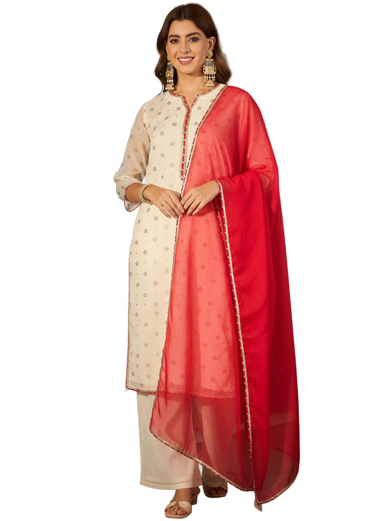 fabian fashion Women's Off-White Mukesh Butti Work Kurta with Chiffon Pant and Organza Dupatta Festive Ethnic Wear Set (ES_2576)-picture-36