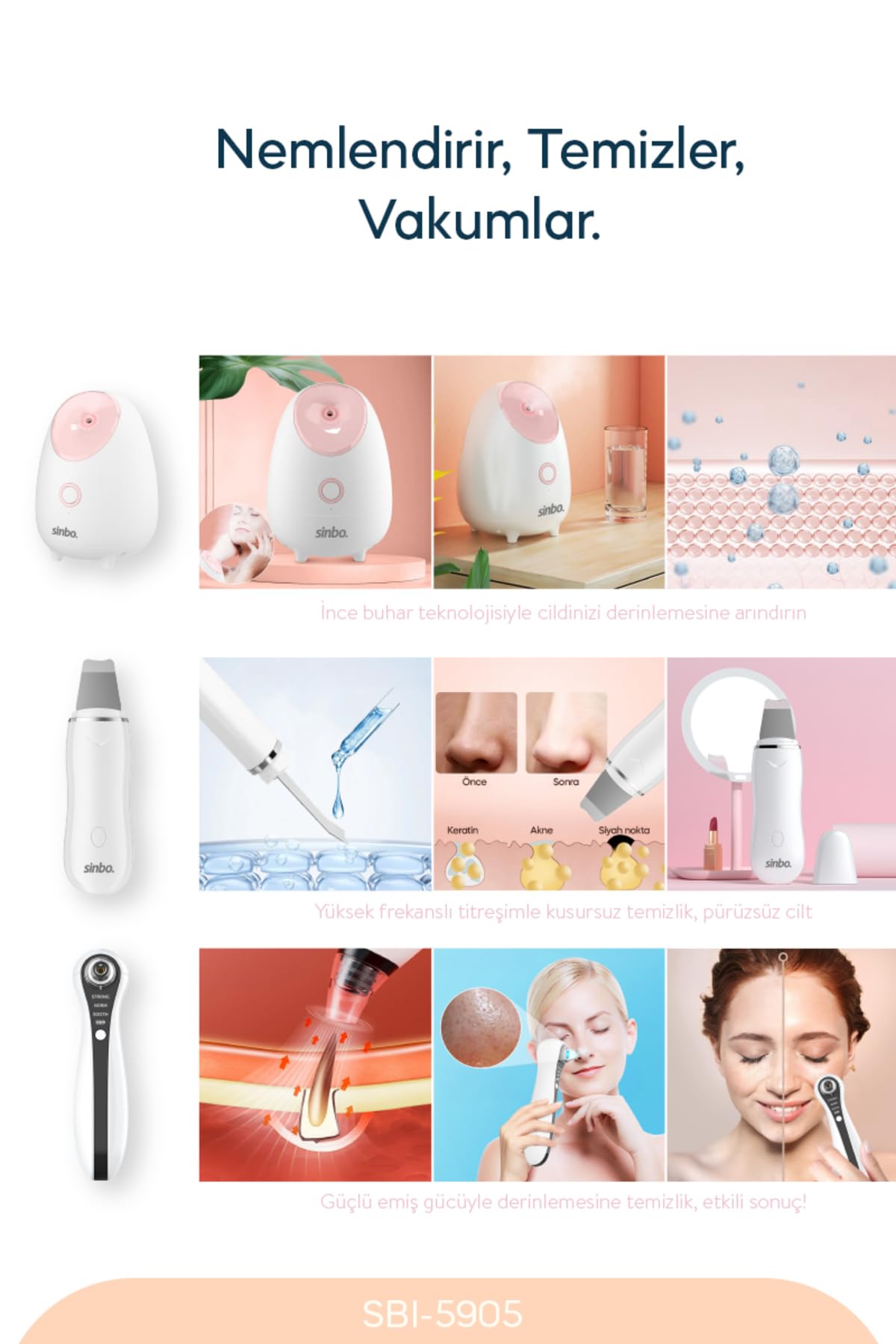 Sinbo SBI-5905 3'ü 1 Arada Yüz Bakım Seti Gözenek Temizleme + Peeling + Masaj, 8693807260436