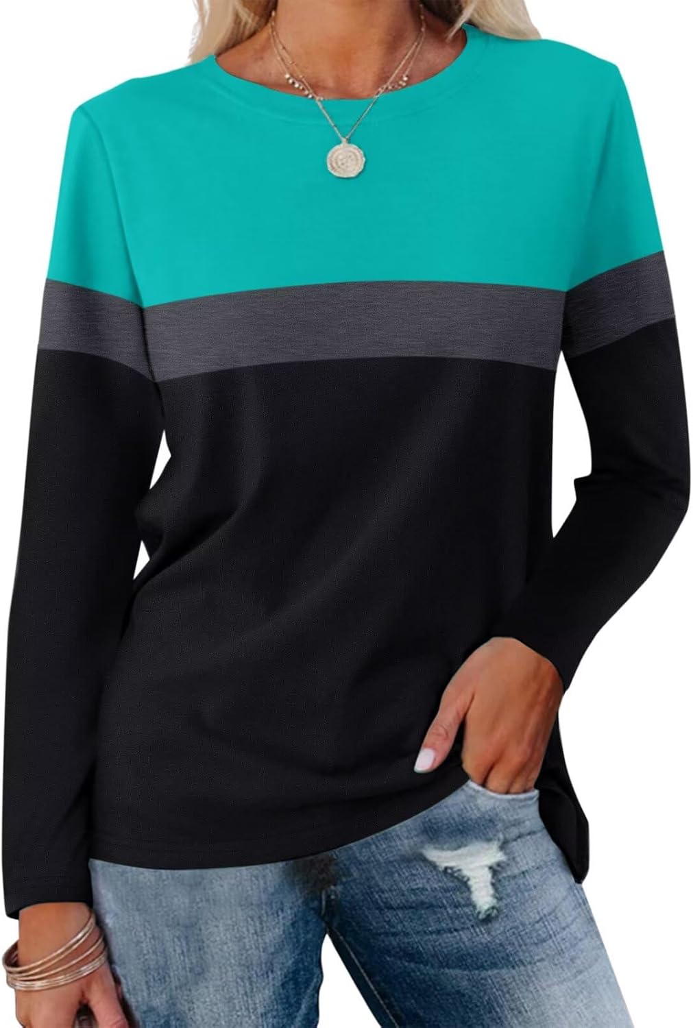 ORANDESIGNE Women's Color Block Long Sleeve Tunics Tops Casual Striped Crew Neck Shirts Loose Blouses