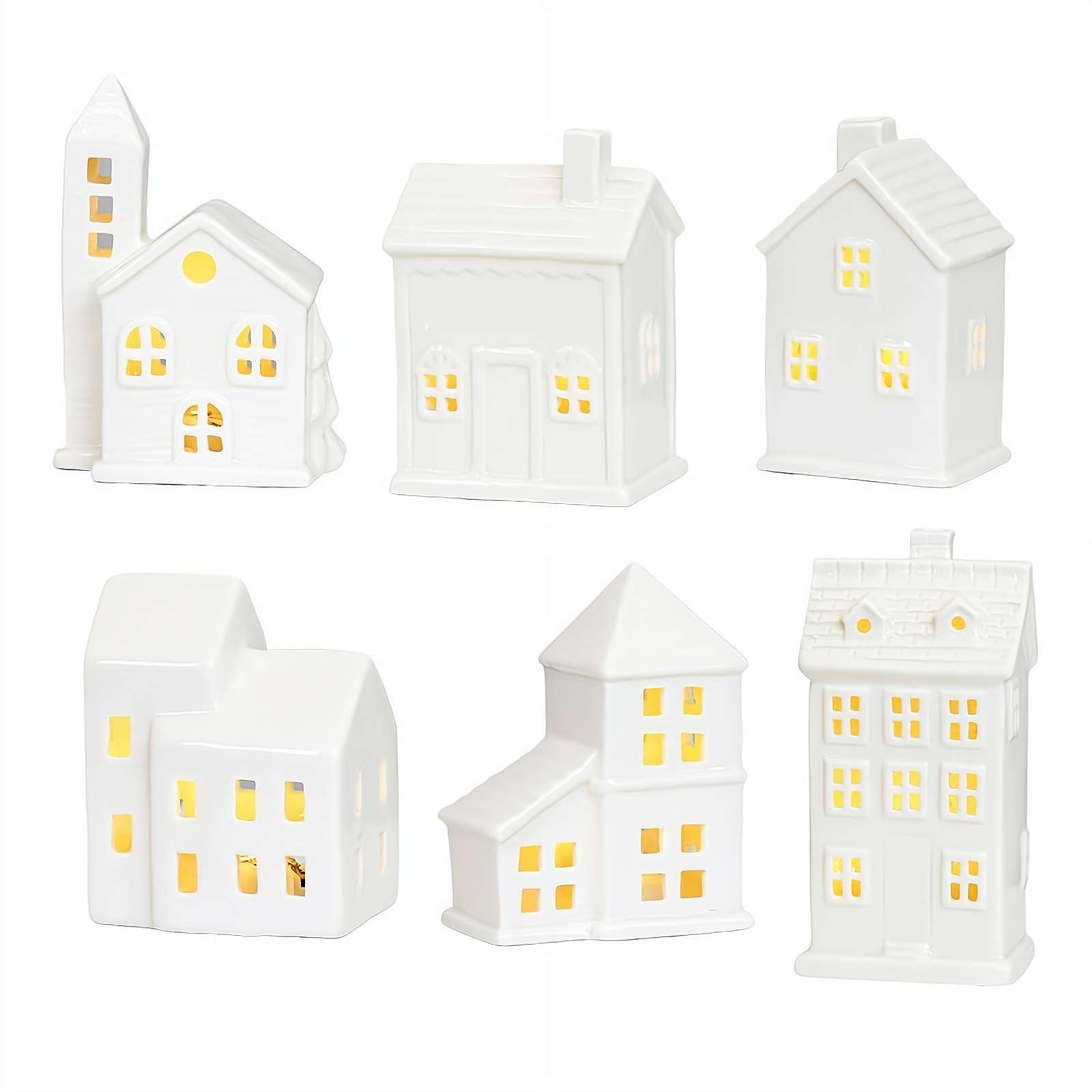 Maison de village de Noël en céramique blanche, ensemble de village de Noël, maisons de village de Noël éclairées par LED, maisons de ville en porcelaine blanche, collection de scènes de Noël pour la