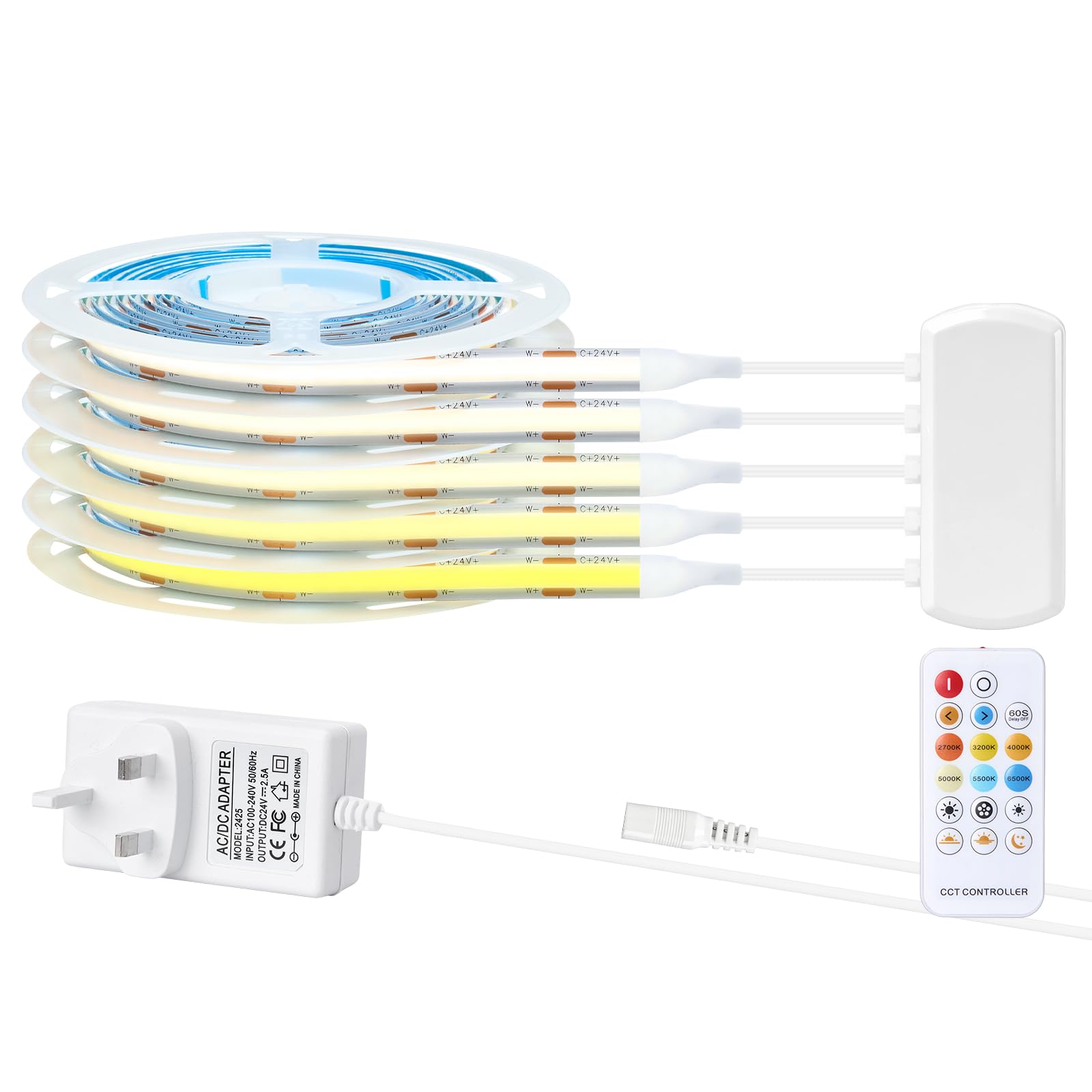 YGYCOBST 24V 10M CCT Dimmable LED COB Strip๏ผ5 Pcs 6.6ft/2M Adjustable 2700K-6500K COB LED Strip with Remote Contronl Kit for Under Cabinet Acoustic Panel Lighting