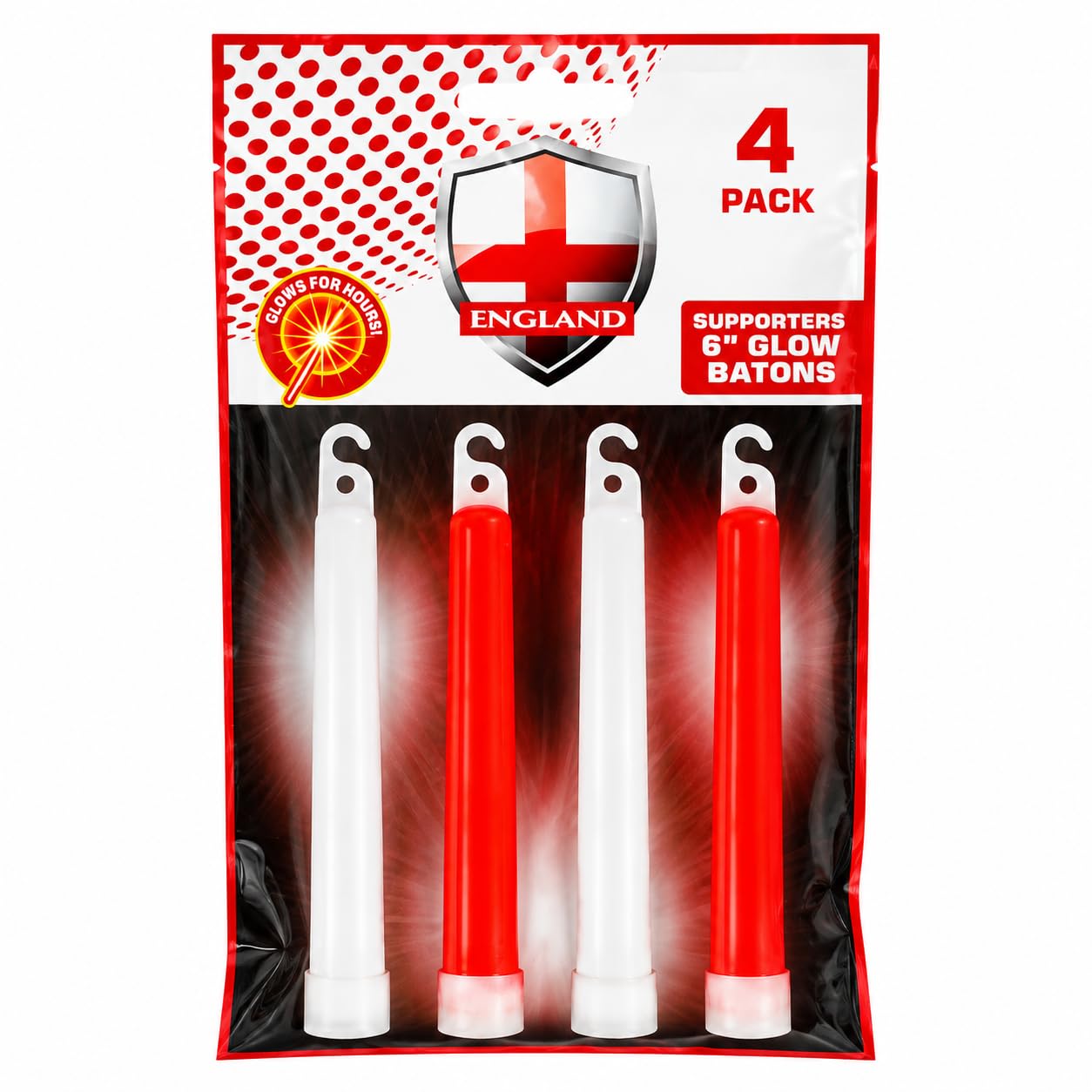 Generise England Glow Sticks 4 Pack Red & White 15cm – Football Fan Party Accessories, World Cup 2026 Decorations, Match Day Supplies, Watch Party & Sporting Event Glow Sticks