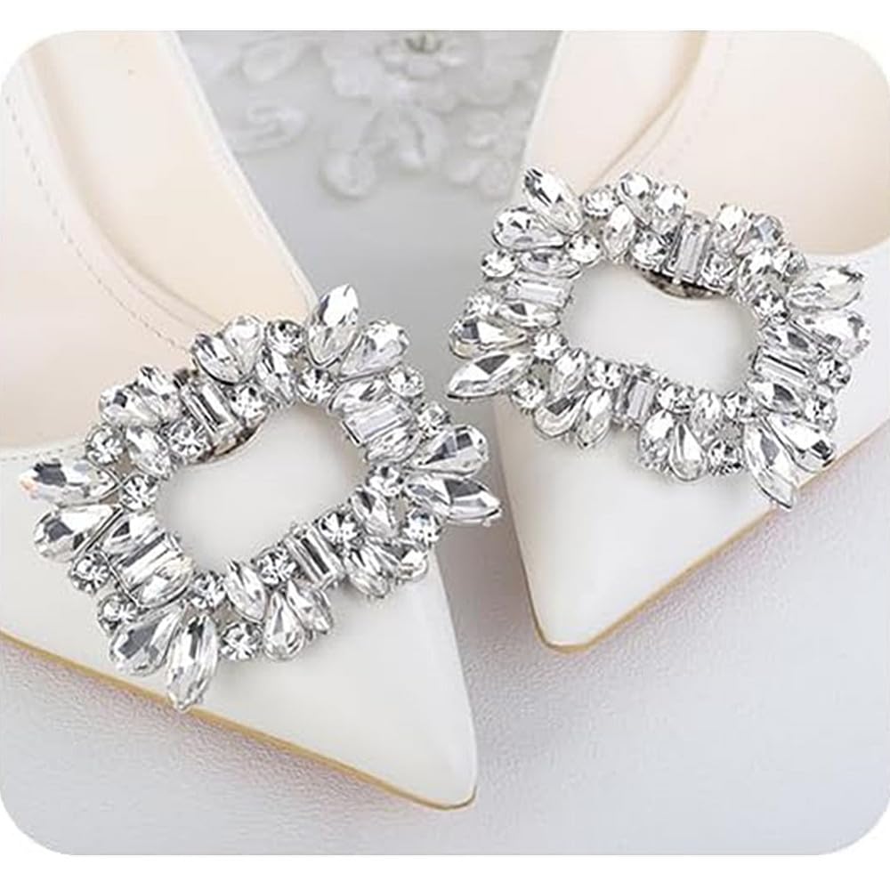 TRIXES Clips plateados para zapatos con imitación de diamantes, clips de cristal para zapatos de tacón, pack de 2