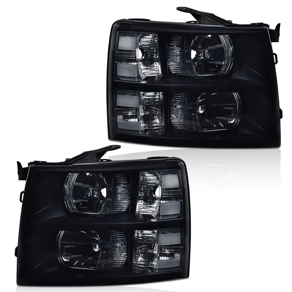 GRAND ORANGE Headlight Assembly Compatible with 2007-2014 Chevy Silverado Black Housing White Reflector Headlamp