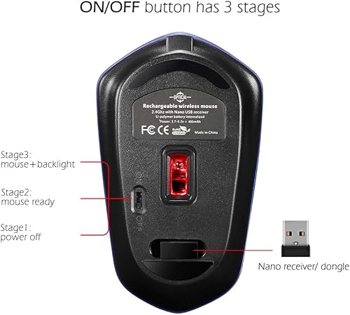 Miniatura 7 de Ratón inalámbrico recargable, retroiluminado iluminado alimentado por batería de polímero de litio, sensor óptico, receptor Nano USB, velocidad DPI