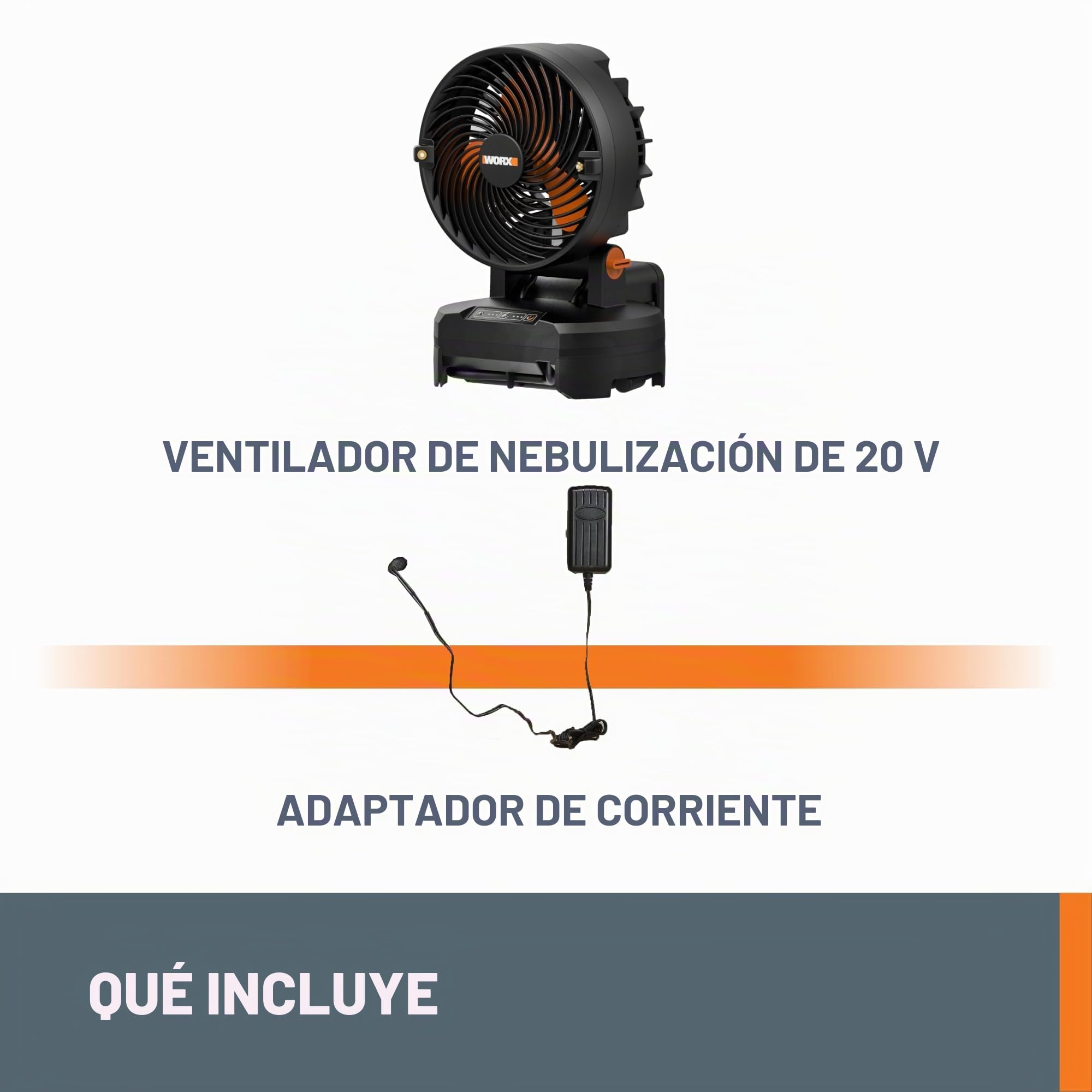 WORX Ventilador de nebulización inalámbrico de 20 V con 3 velocidades y 3 ajustes de niebla, ventilador portátil con tapa de cubeta máxima de 15 pies, ventilador ligero y silencioso que funciona con