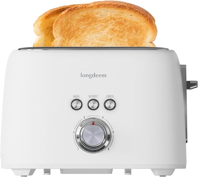 LONGDEEM Stainless Steel 2-Slice Toaster with 1.5" Extra Wide Slots, High Lift Lever, 6 Browning Settings, Bagel/Defrost/Cancel Modes, Removable Crumb Tray, Compact Breakfast Kitchen Appliance – White