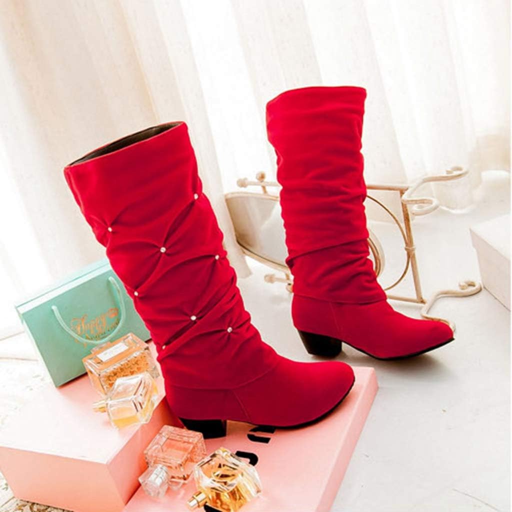 MIOKE Women's Fashion Slouch Mid Calf Riding Boots With Rhinestone Round Toe Suede Cozy Low Heel Dress Boots