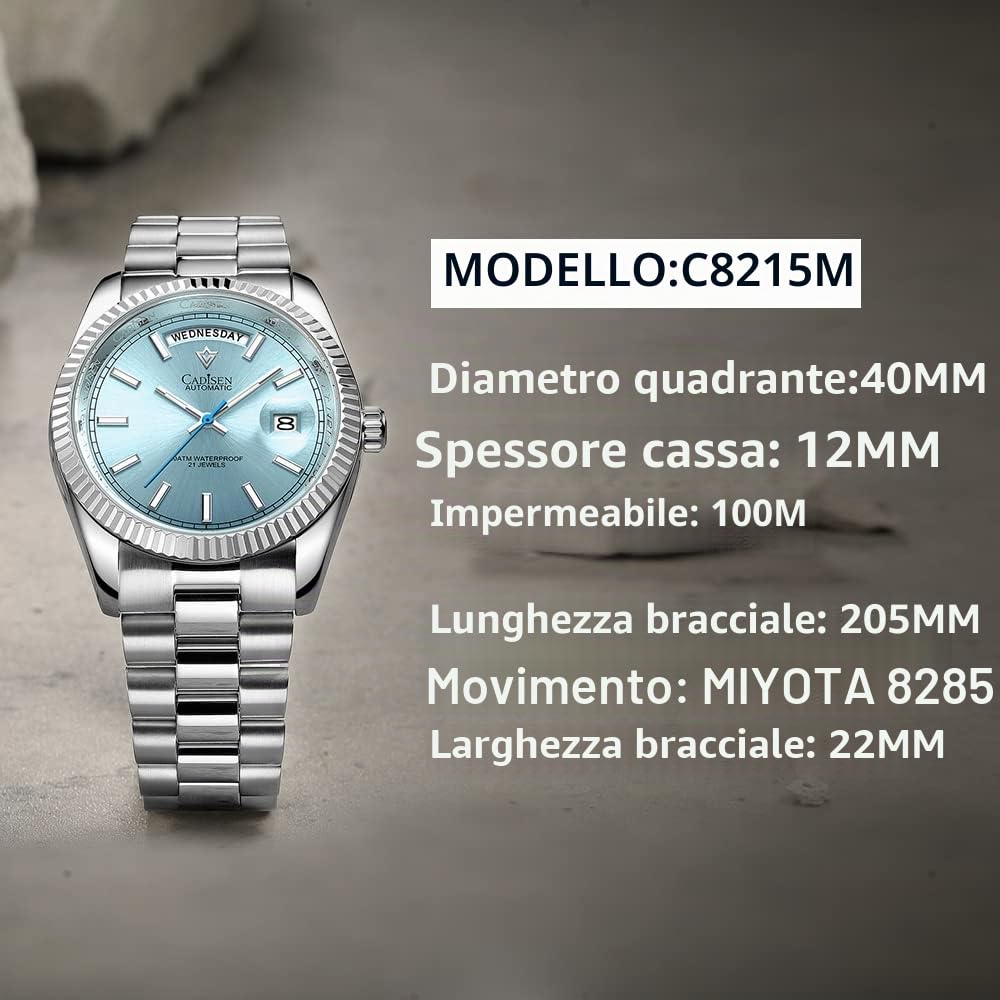 CADISEN Orologio automatico da uomo con riserva di carica automatico vetro zaffiro impermeabile cinturino in acciaio inox casuale