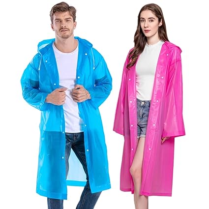 Adult Raincoat Poncho for Women Men - 2 Pack Reusable Waterproof Rain Coat Poncho Jacket Suit Gear, Clear Black Yellow Color, Pink+blue, One Size