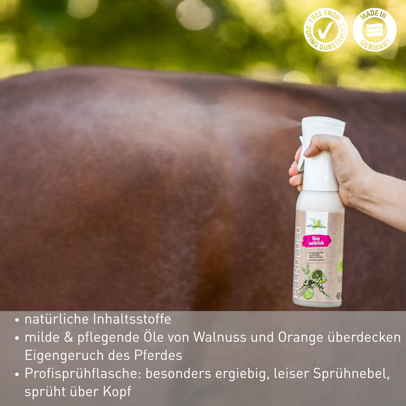 Bense & Eicke PferdeDeo 500 ml - natürliches Deodorant für Pferde - überdeckt Eigengeruch - pflegt Haut und Fell mit Duftnote: Walnuss und Orange
