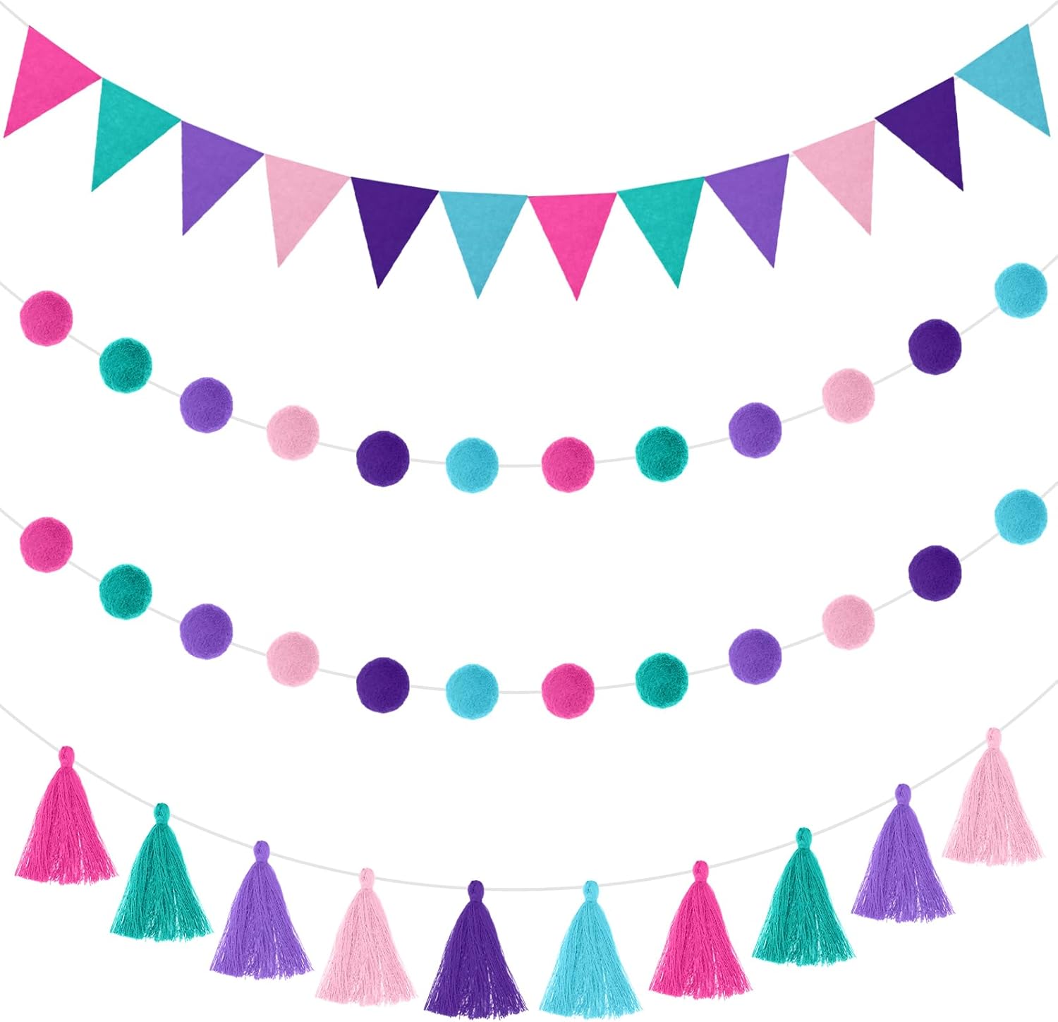 Irenare 9.8 ft Pom Pom Garland Felt Rainbow Garland 2026 Graduation Party Decoration Colorful Pennant Tassel Banner Back to School Birthday Triangle Banner for Classroom School Mantel(Mermaid Colors)