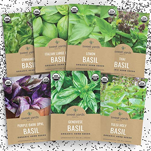Organic Basil Seeds Variety Pack - 7 Unique Packets of Non-GMO USDA Certified Organic Pure Basil Seeds Sweet Yards Seed Co