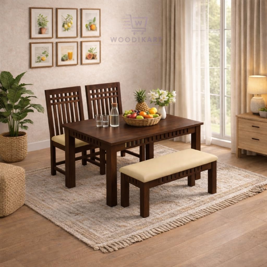 Solid Sheesham Wood Dining Table 4 Seater Dining Table Set with 2 Chairs & 1 Bench Dinner Table Set for Dinning Room Home & Hotel|Modern Dining Room Set (Walnut, 4 Seater) Self Assembly-image-43