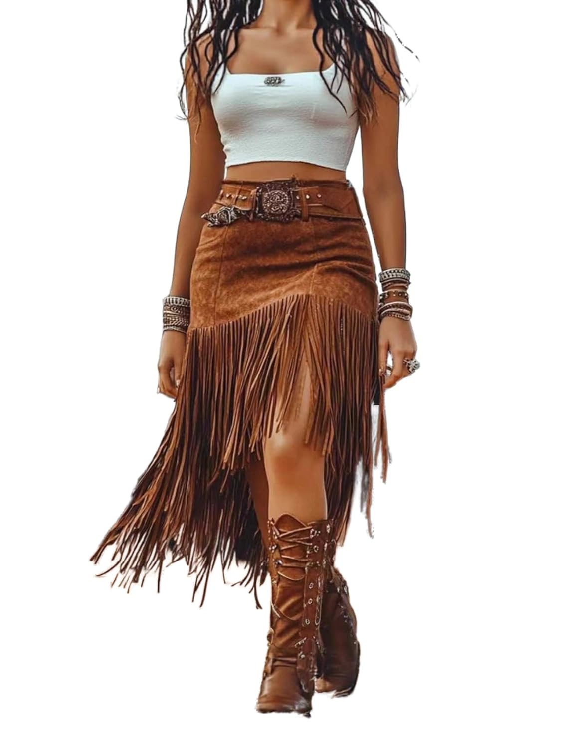 Apvirdy Womens Western Mini Fringe Skirt Boho High Waisrt Asymmetrical Suede Bodycon Cowgirl Skirt with Flowing Tassels