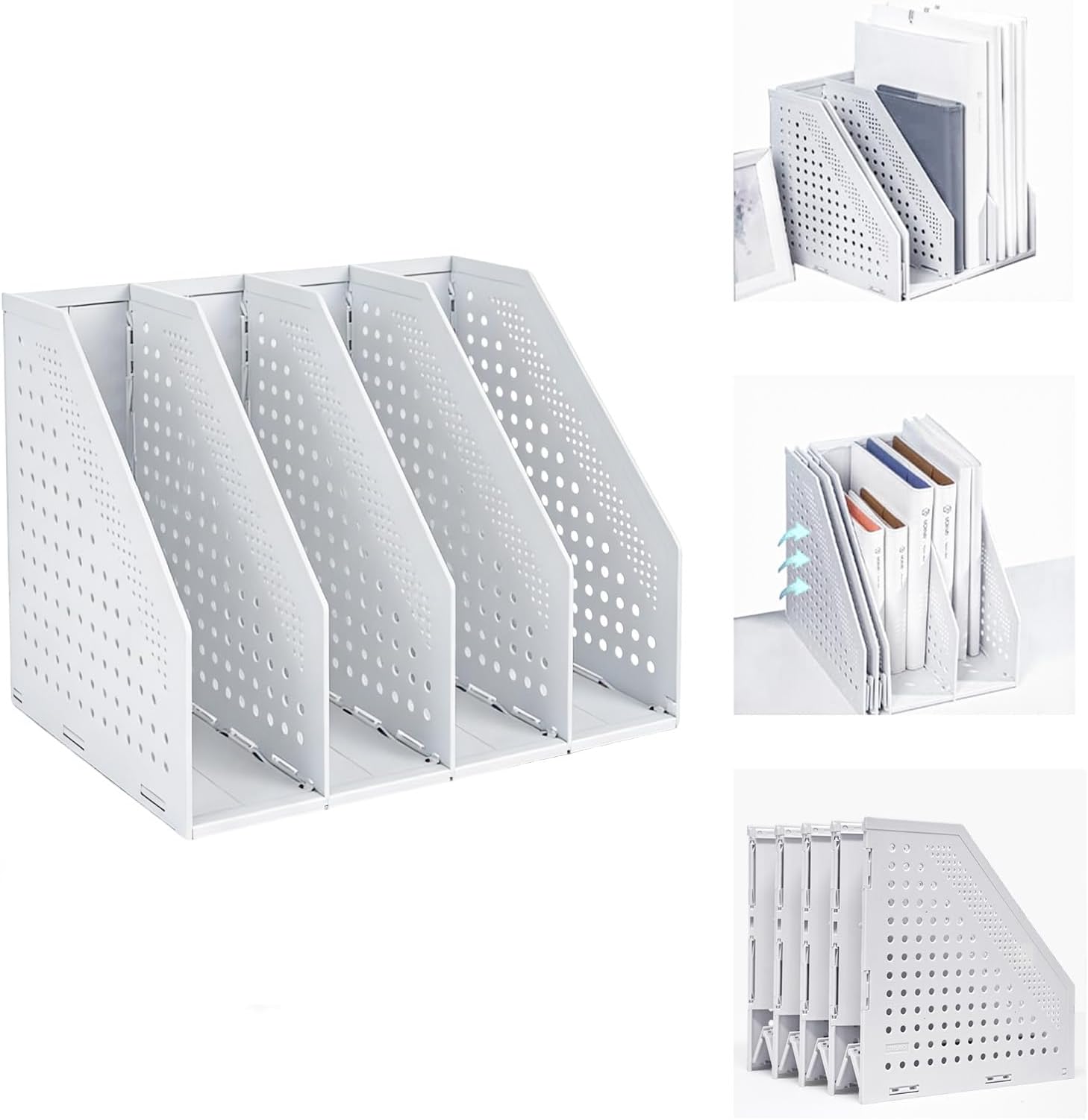Marte Vanci Collapsible Magazine File Holder with 4 Vertical Compartments, Binder Holder for Desk, Desktop Binder Organizer for Notebook, Documents, Book, School Office Supplies(Light Gray)