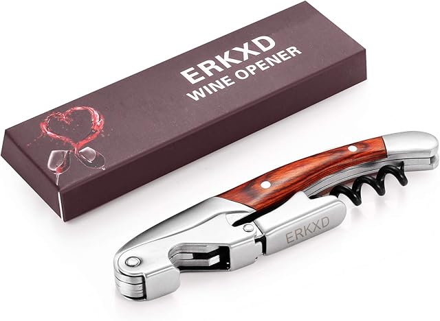 ERKXD Premium Waiters Corkscrew All-in-one Stainless Steel Wine Opener with Rosewood Pull Tap Handle Bottle Opener and Serrated Foil Cutter