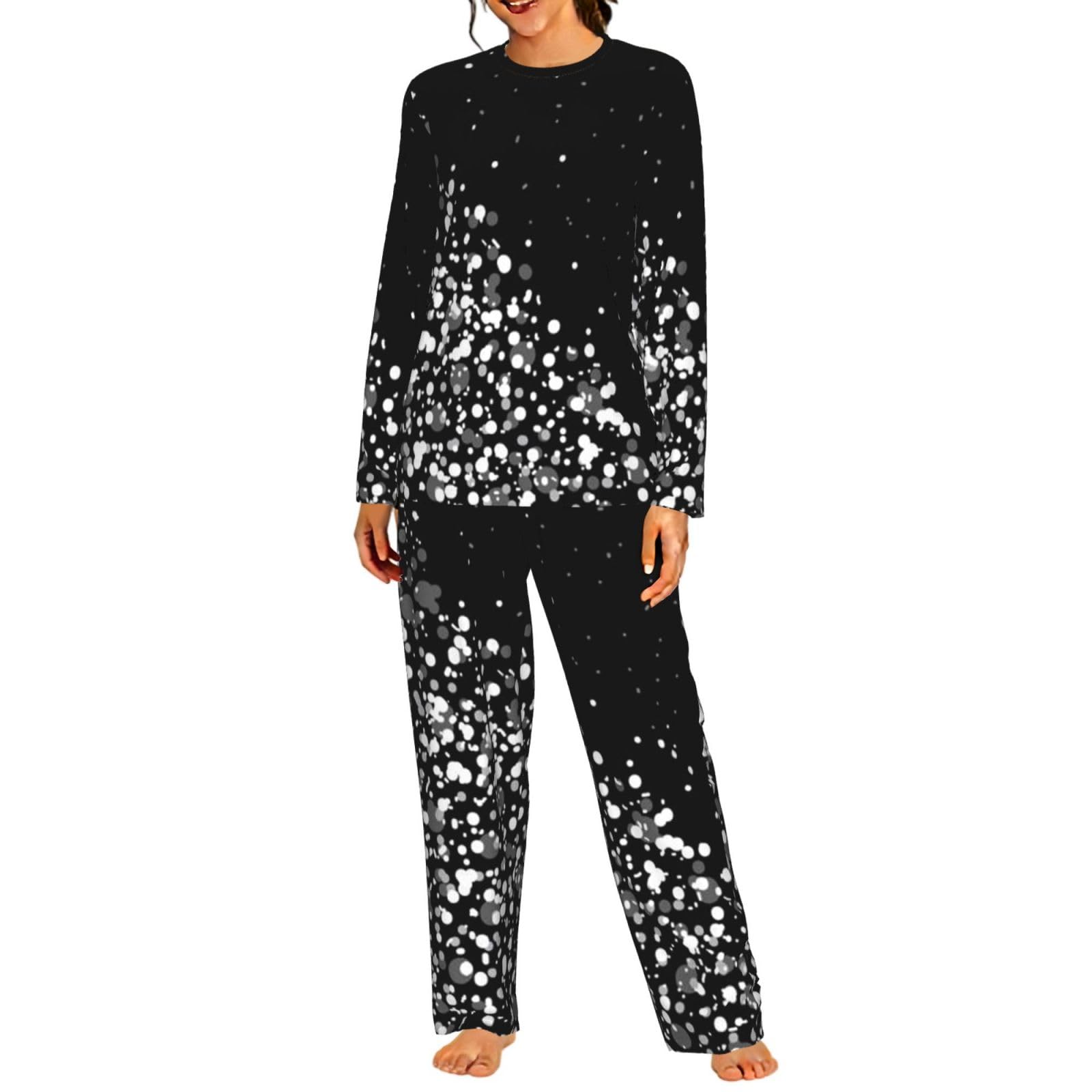 Pigiama da donna a maniche lunghe con stampa glitter bianco nero morbido elastico coulisse casual Daywear
