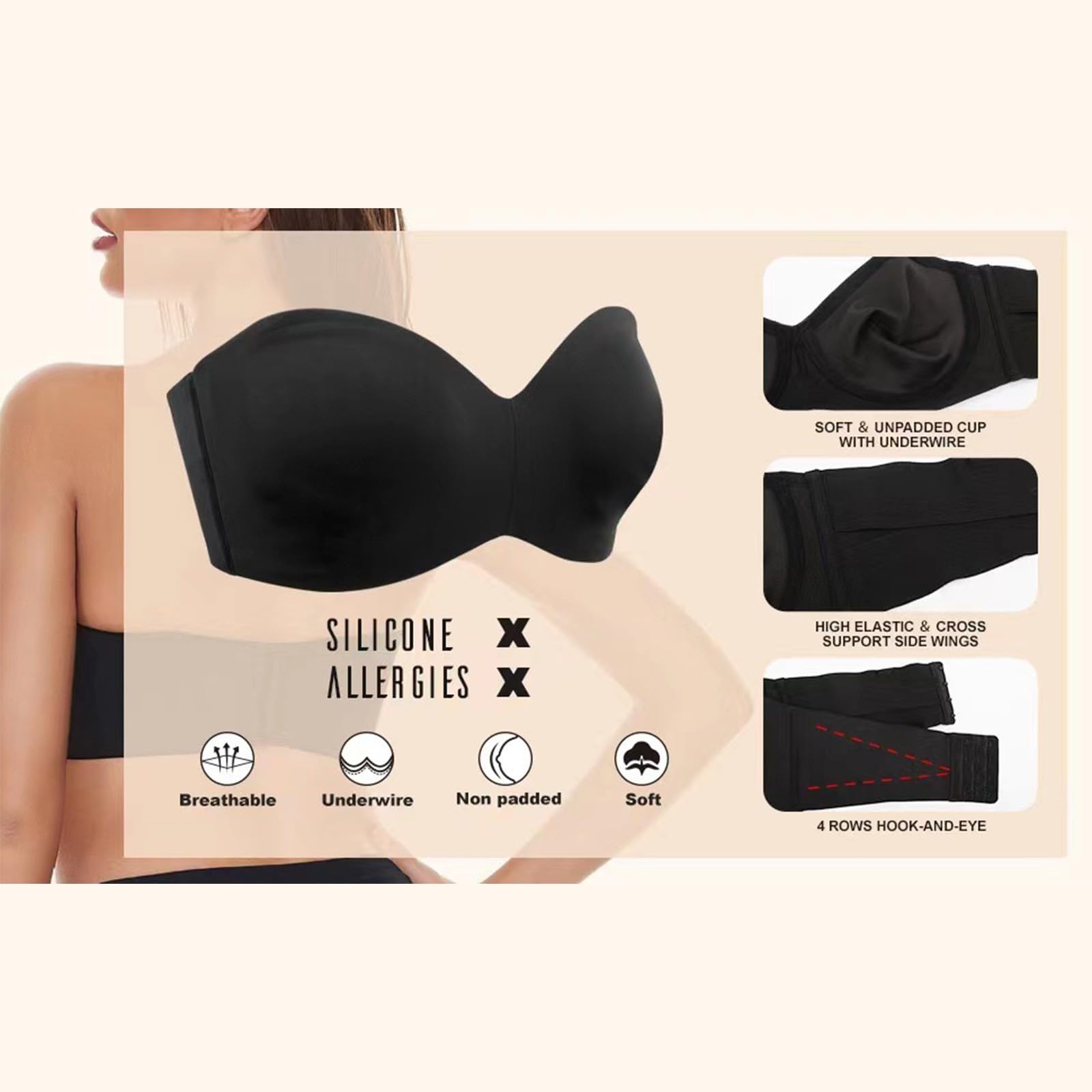 Sexy Bra for Women with Removable Straps Tube Top Type Ultra Thin Underwear, Black, 44E