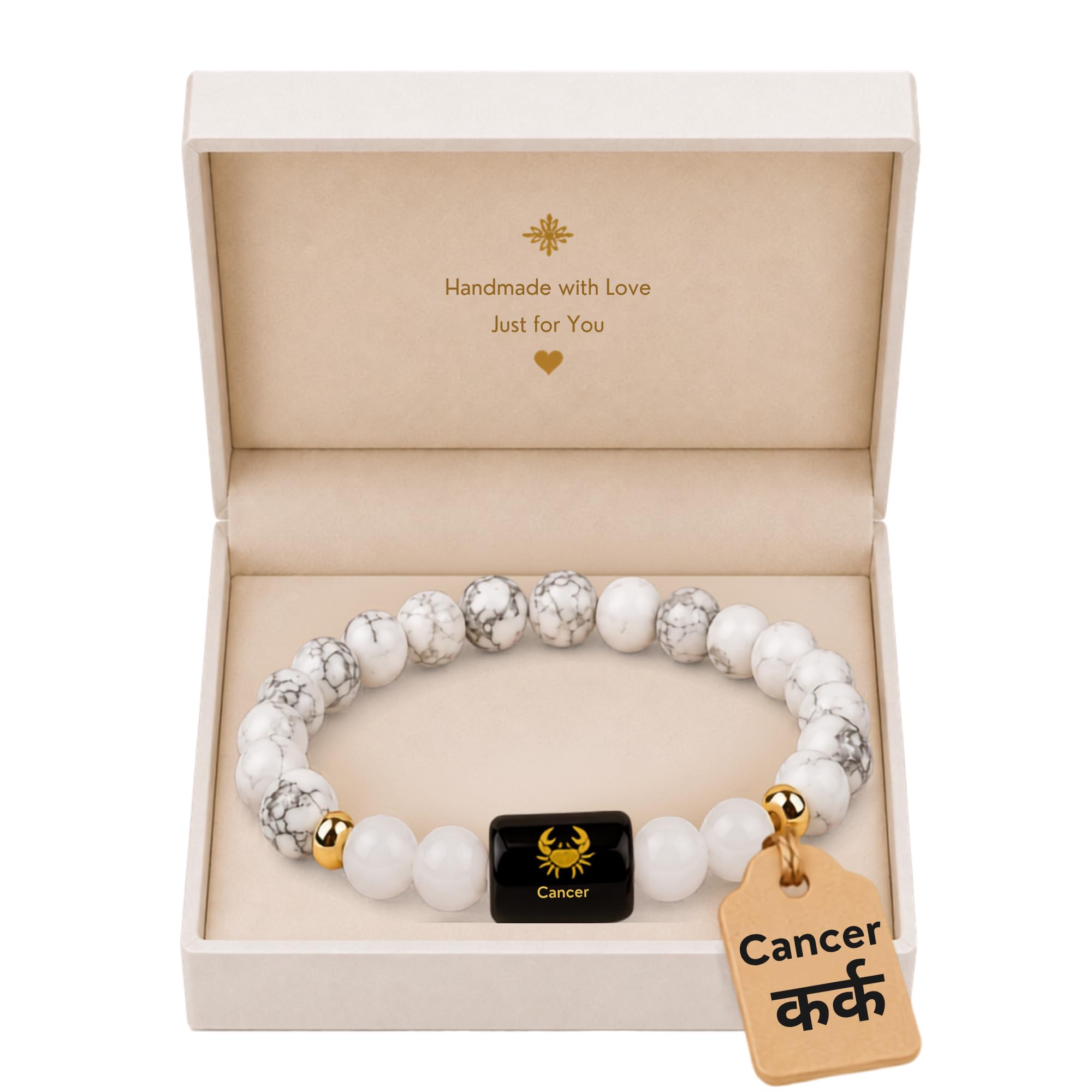 VEDIRAA Howlite and Milky Quartz Bracelet for Cancer Zodiac Bracelet (कर्क राशि)/Original Certified Cancer Zodiac/Kark Rashi Bracelet/Cancer Bracelet for Men/Healing Crystal for Money, Protection & Confidence/Zodiac Gift for Man & Woman