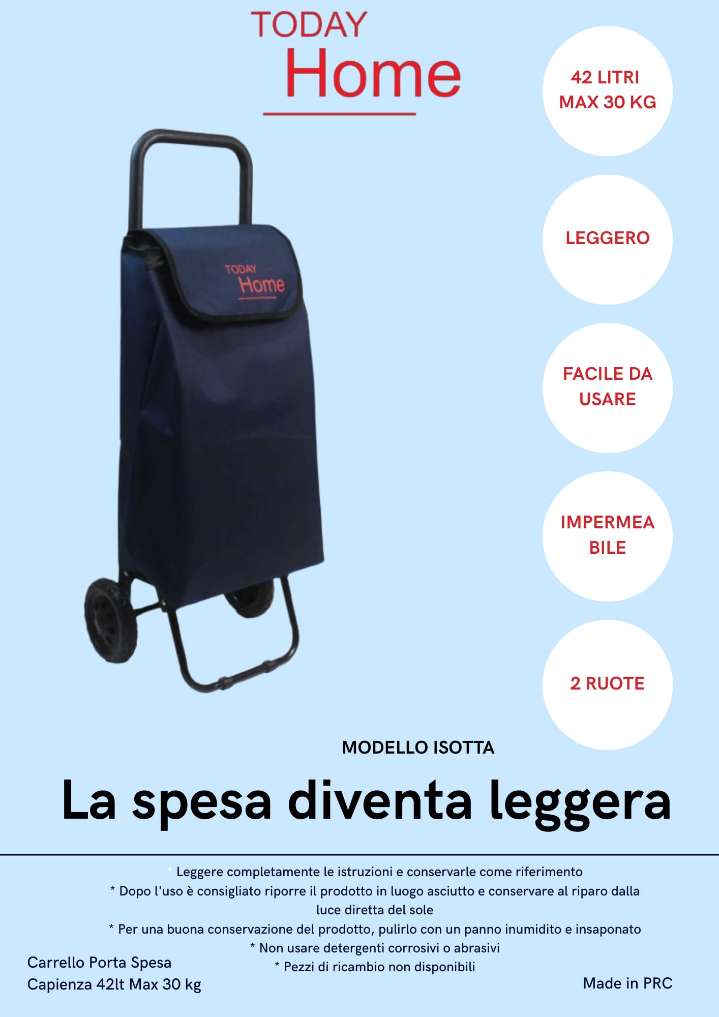 Carrello Spesa Pieghevole Isotta 42L con 2 Ruote, Impermeabile, Leggero, Capacità 25 kg