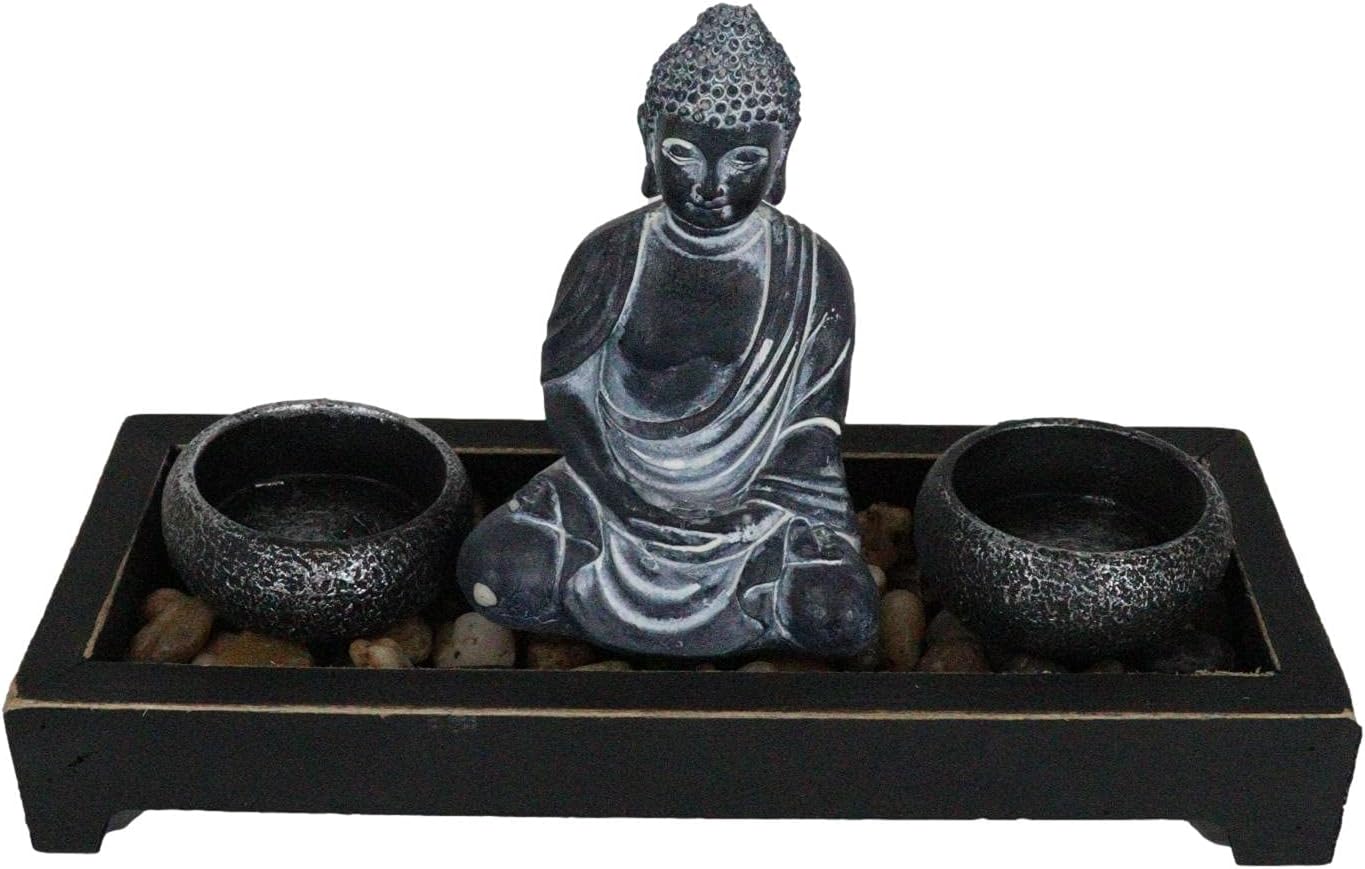Ebros Meditating Namaste Gautama Buddha Monk Shakyamuni by Twin Barrels Votive Candle Holders Zen Garden with Rock Pebbles Figurine Buddhism Amitabha Candleholder
