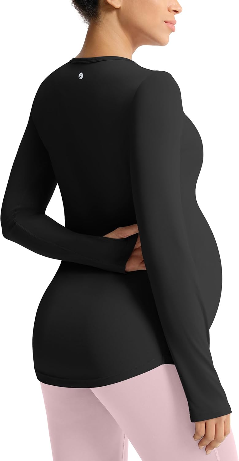 Mama Land Long Sleeve Maternity Shirts - Pregnancy Workout Yoga Tops Crewneck Casual Activewear with Thumbholes - Image 2
