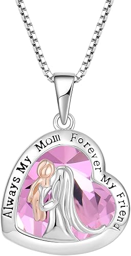 Collar de plata de ley 925 para madre e hija, collar de corazón de amor, regalos de cumpleaños de parte de la hija, piedra natal Always My Mother