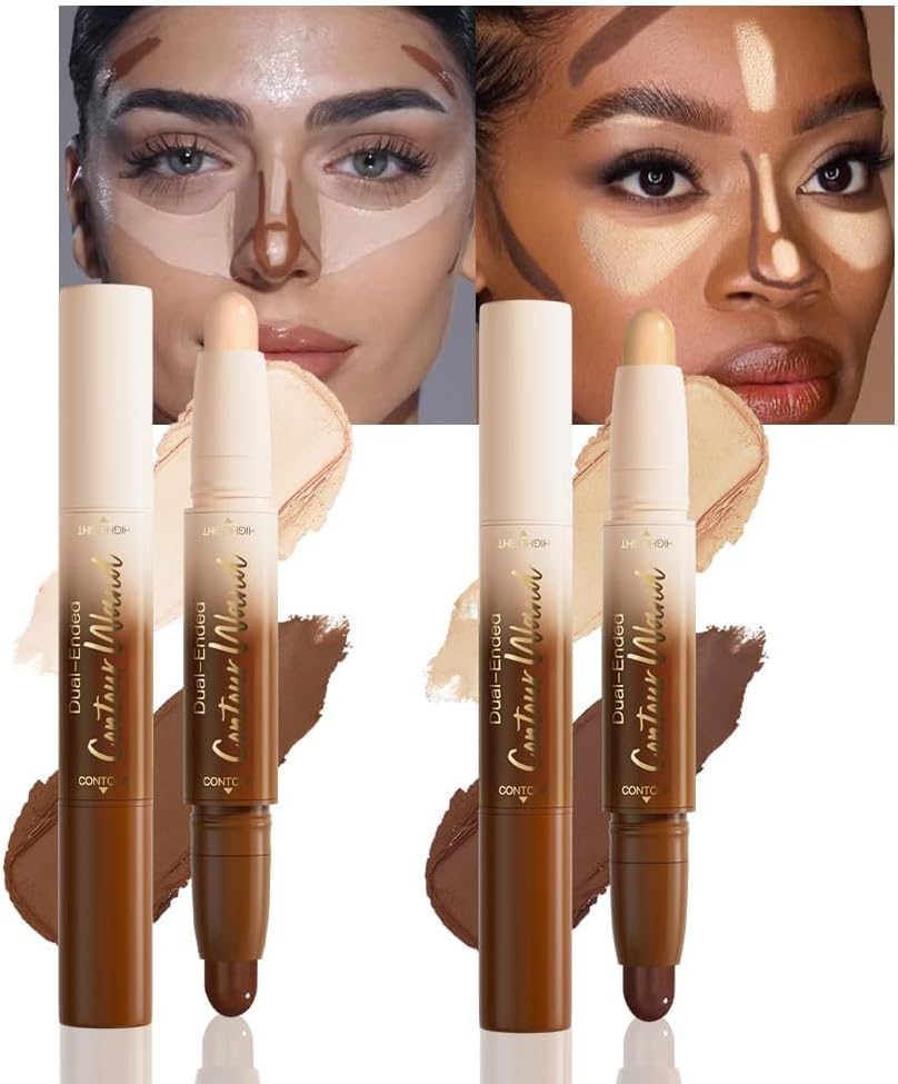 2 in 1 Cream Contour Highlighter Stick, Neutral Bronzer Makeup Sticks, Long Lasting Waterproof Dual Ended Sculpting Stick for Face, Suitable for Makeup Beginners (22+24)