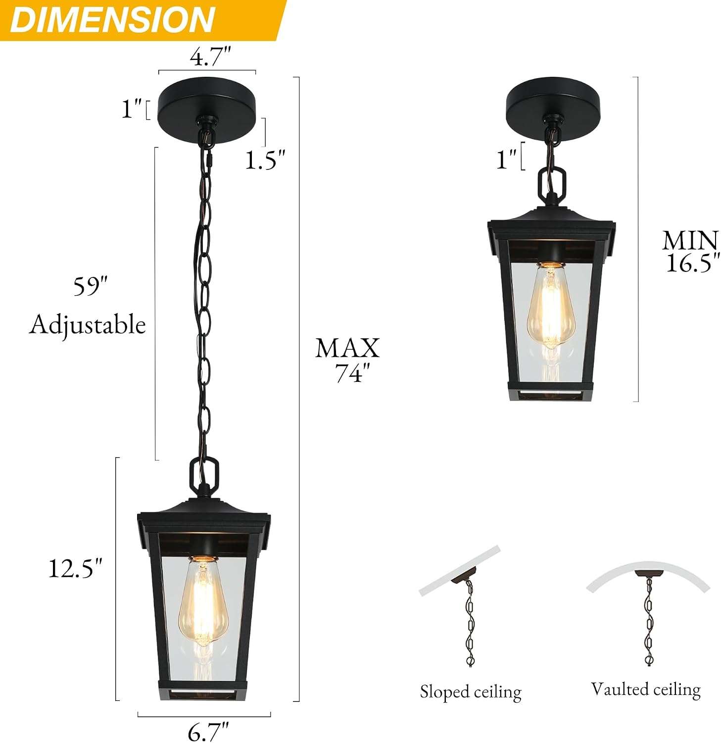 LALUZ Outdoor Pendant Light, Weather-Resistant Hanging Lantern Light with Clear Glass, Modern Farmhouse Exterior Lighting for Porch, Gazebo, Entryway, Patio