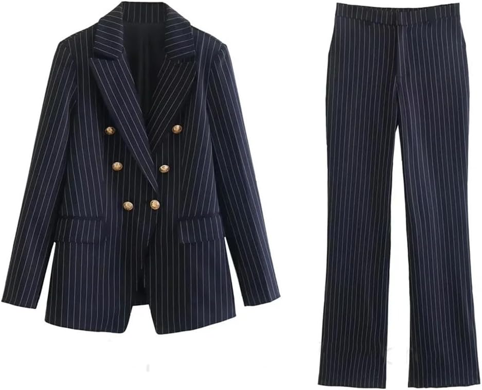 Fall Double-Breasted Model Navy Mid-Waist Striped Suit Suit for Women