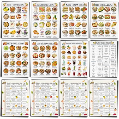 Image of Sinload 12 Pcs Mediterranean Diet Food List Poster Diet Meal Plan Grocery Shopping List Health Food Guide for Kitchen Wall Decor