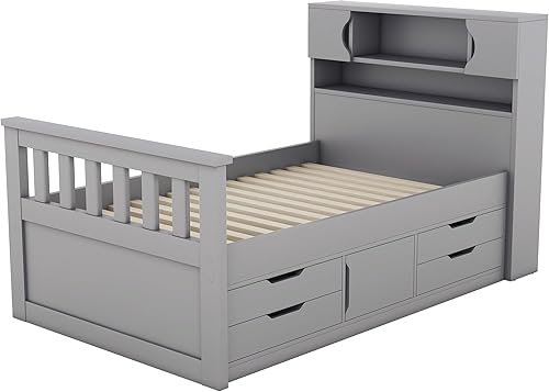 Miniatura 6 de HoRunzelin Marco de cama moderno de madera de pino de tamaño individual con estantería lateral y 2 cajones de almacenamiento diseño práctico para