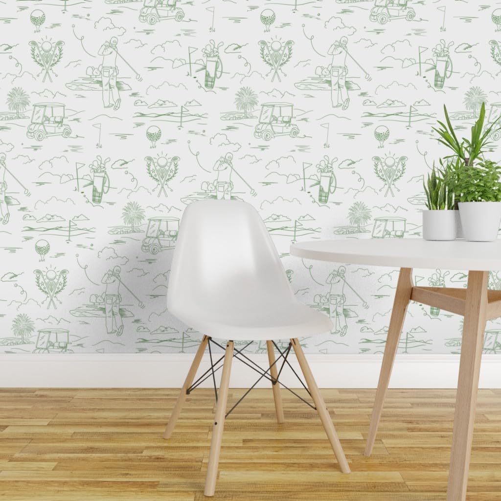 Removable Wallpaper 3ft x 2ft - Preppy Golfer Modern Toile Whimsical Father's Day Green and White Golf Clubs Tee Time Cart Course Custom Pre-Pasted Wallpaper by Spoonflower