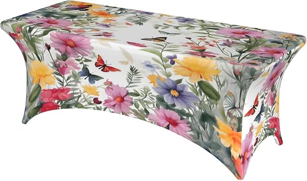 Tropical Flowers Butterfly Spandex Tablecloth for Rectangular Tables, Fitted Tablecloth 6FT Stretch Spandex Table Covers for Folding Tables, Wrinkle Resistant Table Protector for Party Weddings BBQ