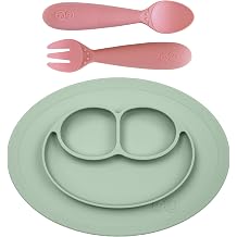 ezpz Mini Mat Sage + Mini Utensils Fork & Spoon in Blush - Toddler essentials mat and spoon