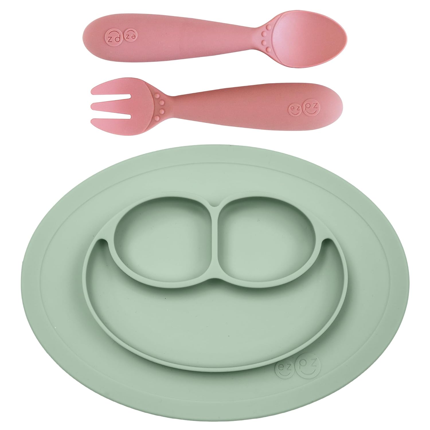 ezpz Mini Mat (Sage) + Mini Utensils (Fork & Spoon in Blush) - Toddler essentials mat and spoon