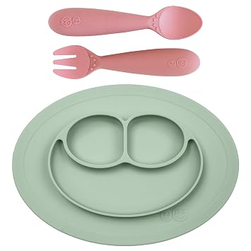 ezpz Mini Mat Sage + Mini Utensils Fork & Spoon in Blush - Toddler essentials mat and spoon