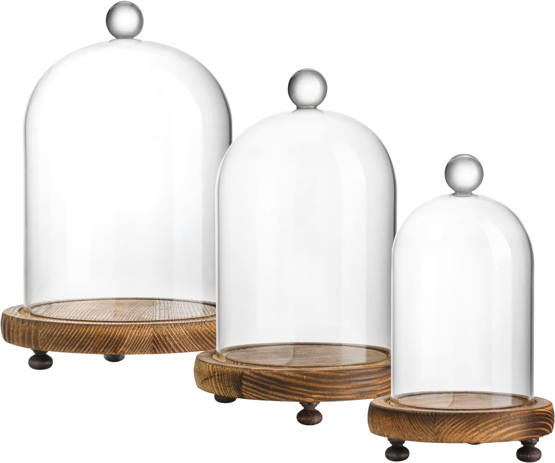 ZEERSHEE Set of 3 Glass Bell Shape Dome with Wooden Base(4.5''/3.7''/3''), Clear Decorative Glass Dustproof Dome with Handle for Home Party Wedding Decor