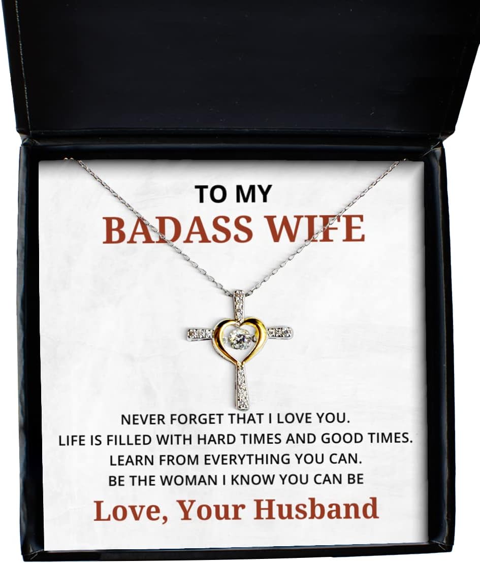 To My Badass Wife Cross Dancing Necklace, Never Forget That I Love You Life Is Filled With Hard Times And Good Times, Best Birthday Gifts, Engagement Gifts, Wedding Gifts, Valentines Day Gifts From