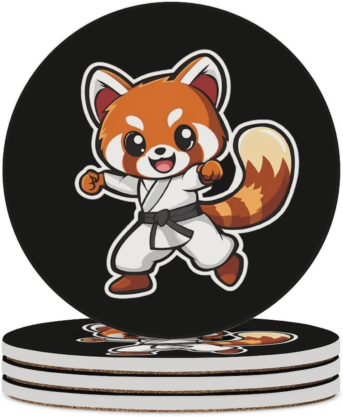 Karate Red Panda Round Ceramic Coasters Print Drinks Absorbent with Cork Base for Home Decor Gifts 4 Inch